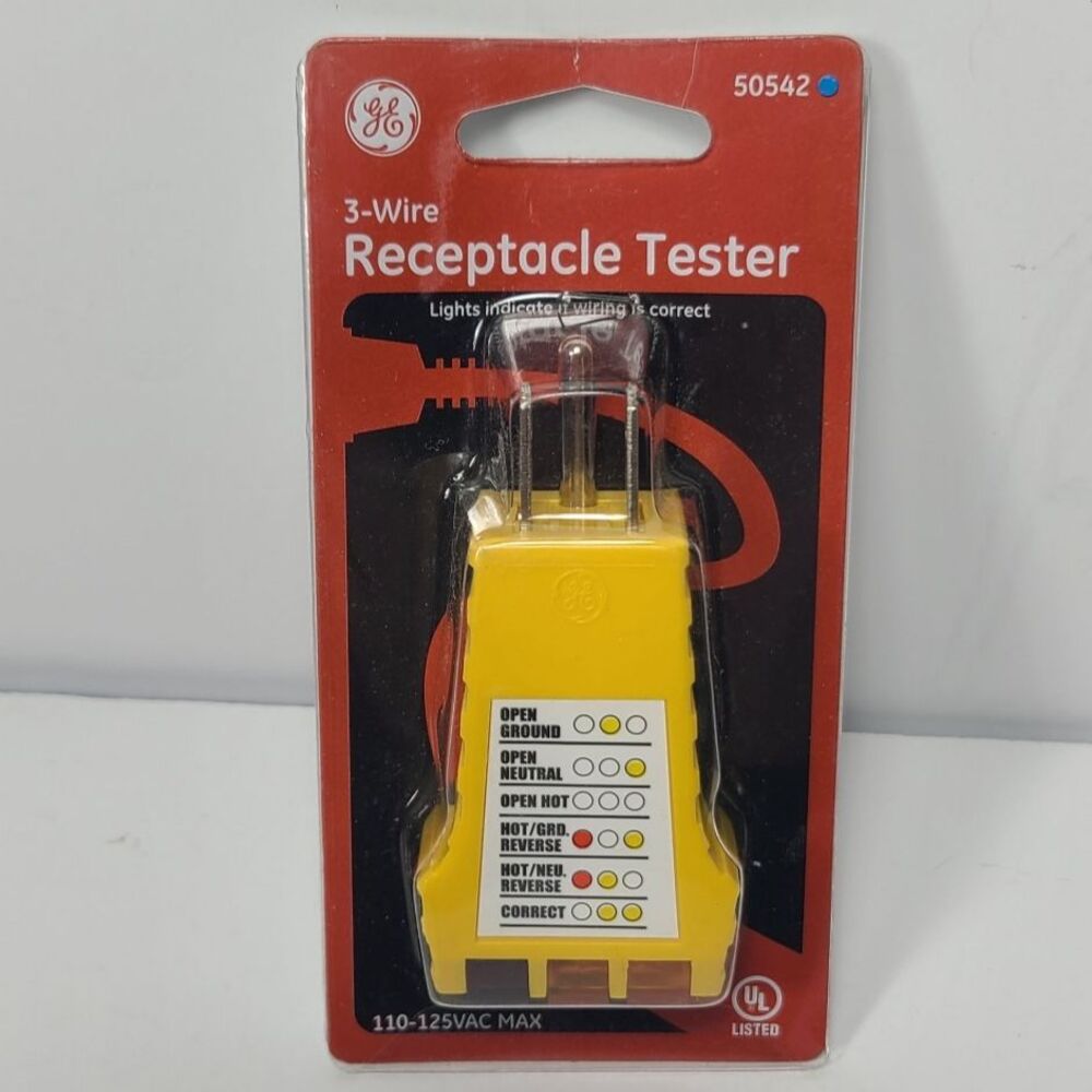 GE 3-Wire Outlet Receptacle Tester 50542 Yellow LED Indicator Portable Electric